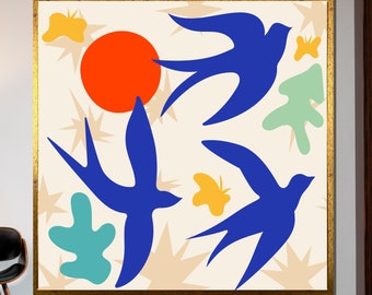 Abstract Swallows and Sun Canvas, Modern Bird Art, Minimalist Nature Print, Colorful Wall Decor, Ready to Hang