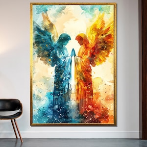 Celestial Balance Angel Art, Fire and Water Angel Canvas, Spiritual Harmony Wall Print, Duality Decor, Ready to Hang Art