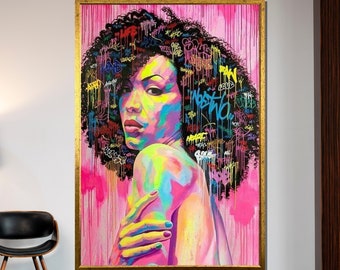 Urban Graffiti Woman Canvas, Vibrant Street Art, Colorful Afro Art Print, Modern Urban Decor, Wall Art Canvas Design, Ready to Hang