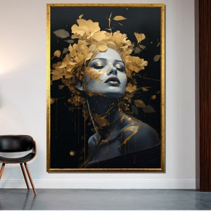 Golden Bloom Abstract Portrait, Modern Woman Canvas Art, Luxury Gold Accent Decor, Feminine Wall Art Design, Ready to Hang
