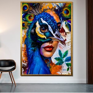 May include: A colorful painting of a woman's face with a peacock's head covering her eyes. The peacock's feathers are spread out behind her head. The painting is done in a vibrant style with bold colors and brushstrokes.