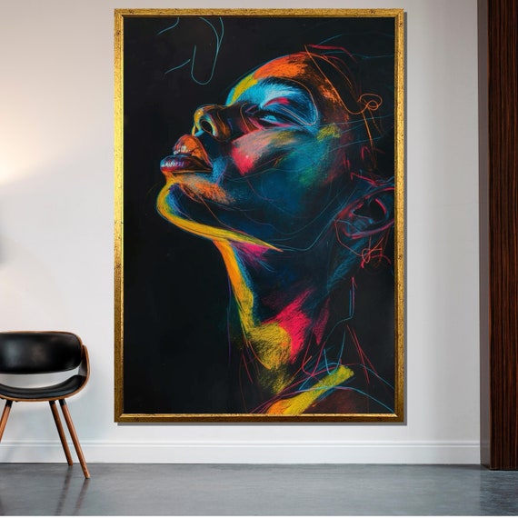 Neon Glow Portrait Canvas, Vibrant Abstract Face Art, Modern Line Art Wall Decor, Colorful Expressionist Canvas, Ready to Hang Artwork
