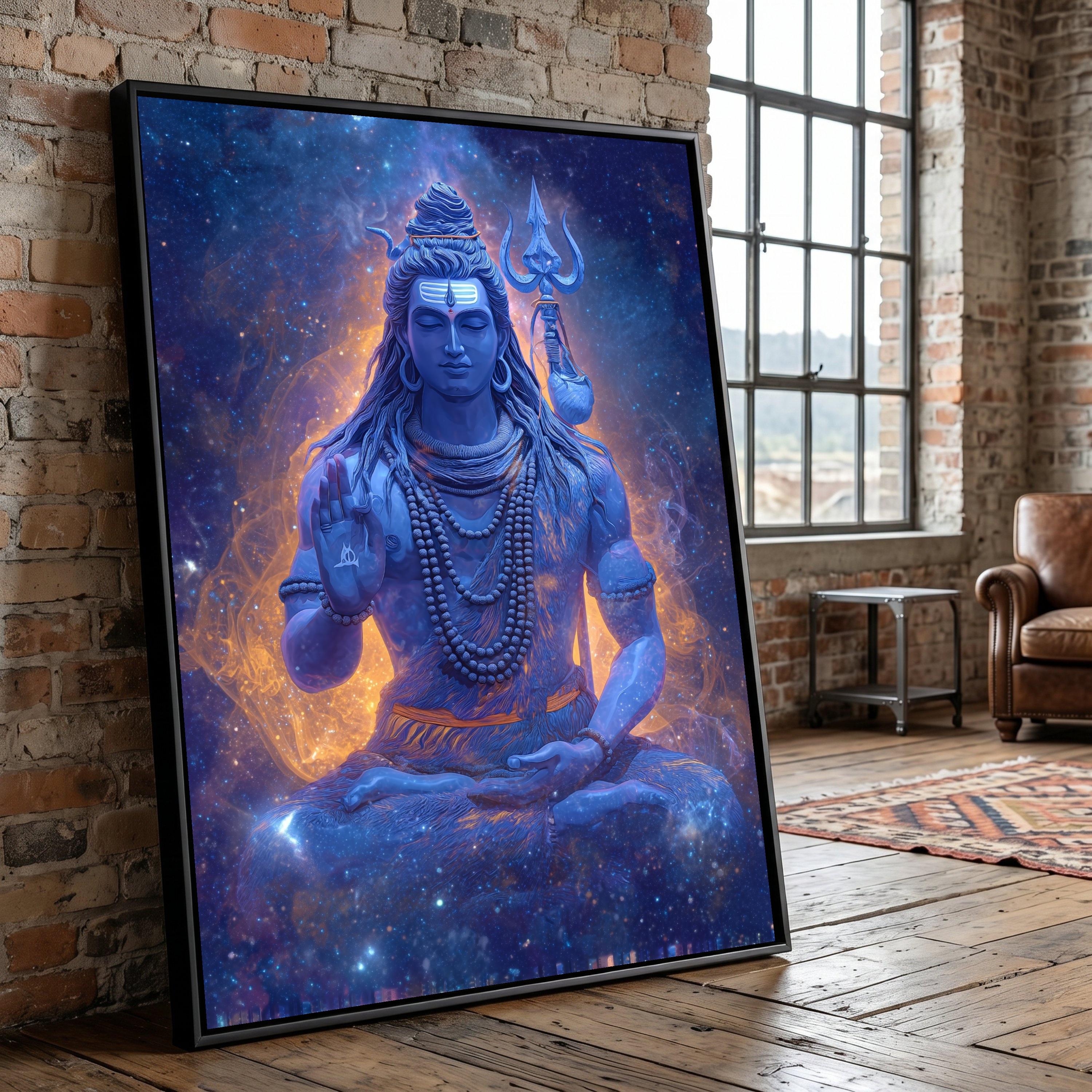 Meditative Lord Shiva Canvas Wall Art, Cosmic Hindu God Painting