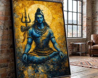 Meditative Shiva Portrait Canvas, Blue God Wall Art, Spiritual Hindu Decor, Yoga Room Canvas, Sacred Trident Painting, Home Meditation Art