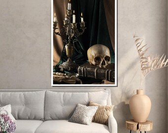Gothic Skull Still Life, Antique Candle Holder Art, Dark Academia