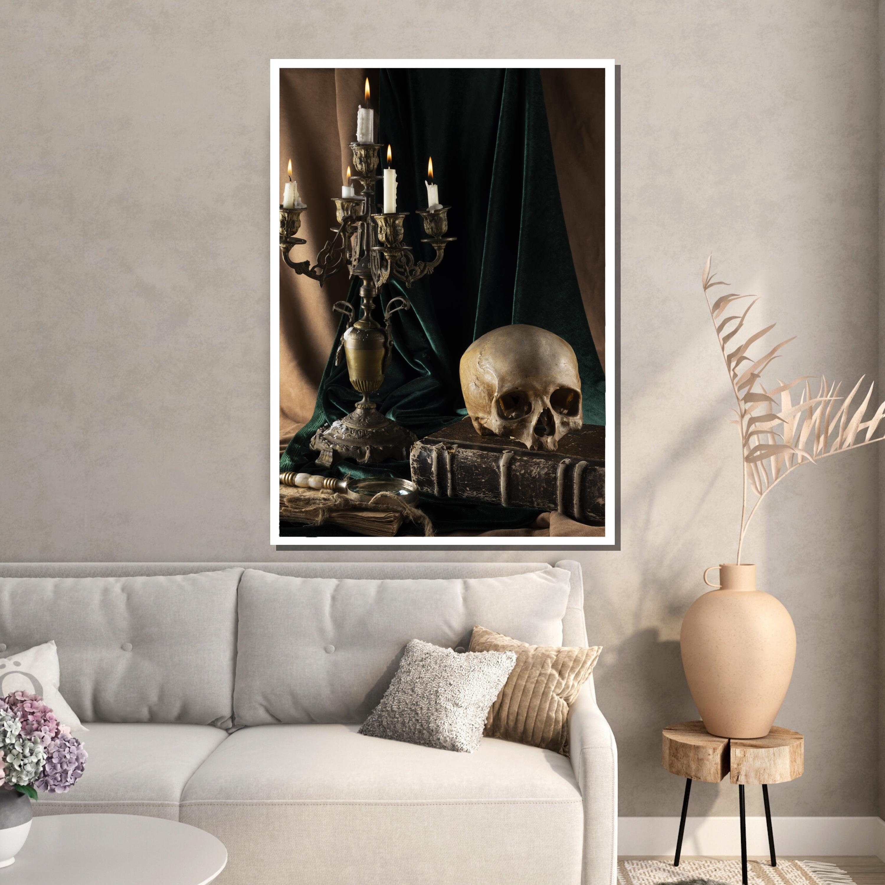 Gothic Skull Still Life, Antique Candle Holder Art, Dark Academia