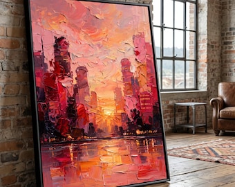Vibrant Cityscape Sunset Canvas, Modern Urban Skyline Wall Art, Colorful Evening Light Reflection, Contemporary City View Canvas