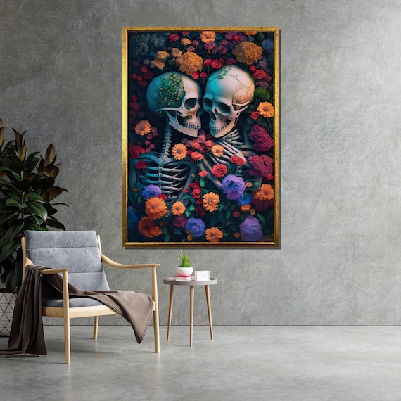 Floral Skeletons Art, Romantic Skeletons in Flowers, Surreal Canvas Art, Wall Art Canvas Design, Ready to Hang Decoration