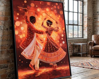 Traditional Indian Dance Couple, Folk Dance Canvas Wall Art, Colorful Ethnic Celebration Painting, Cultural Home Decor, Vibrant Art Print