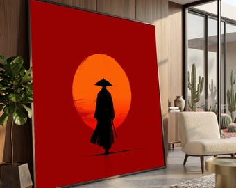 Samurai Silhouette Canvas Wall Art, Japanese Warrior Sunset, Asian Sword Fighter Poster, Red and Orange Minimalist Canvas, Modern Home