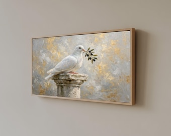 White Dove with Olive Branch Canvas Wall Art, Peace Symbol Decoration, Bird on Stone Column Painting, Elegant Home Decor, Ready to Hang