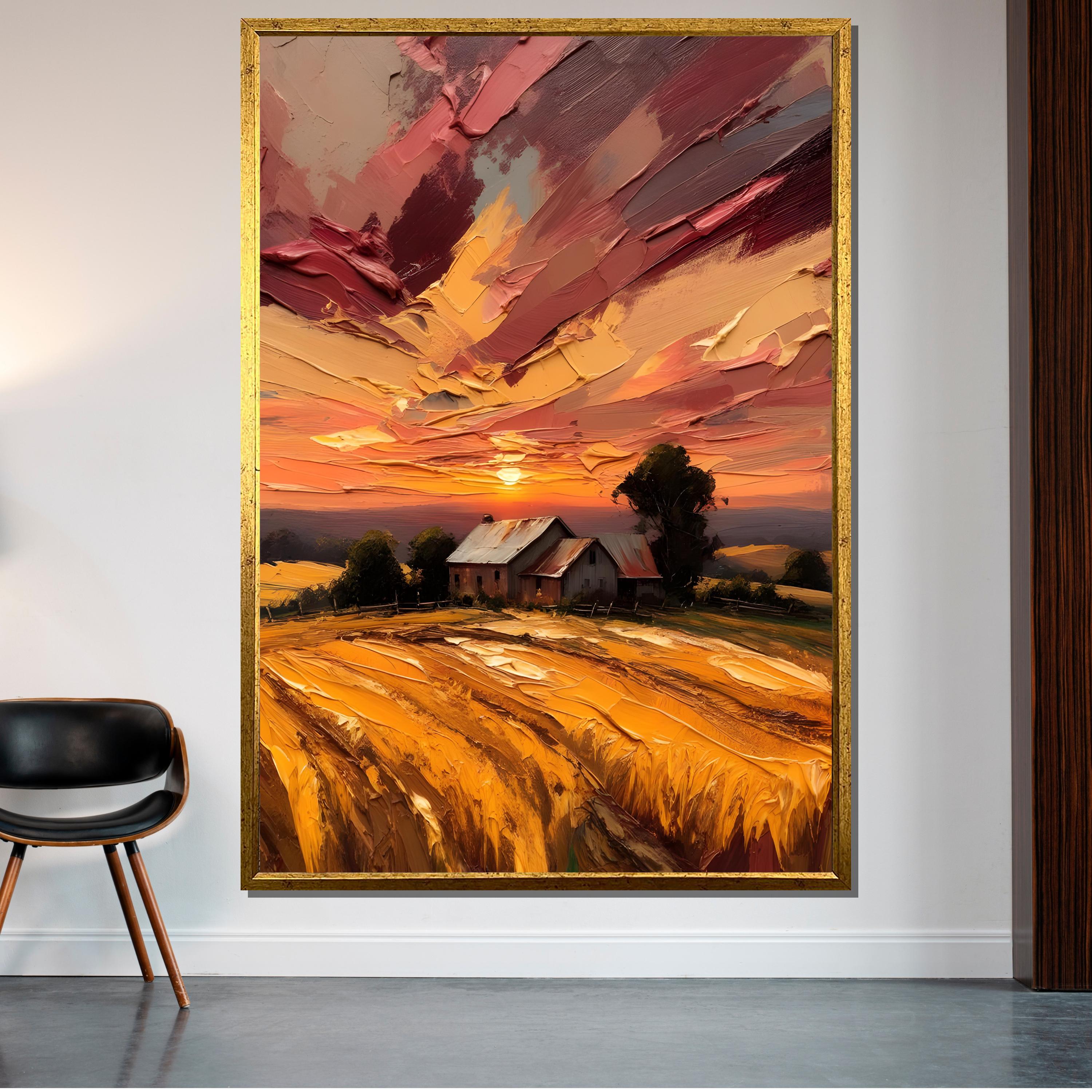 夕焼けの油彩画 金色フレーム付き 黄金の麦畑のキャンバスアート、素朴な農家の夕焼けの絵画、質感のある