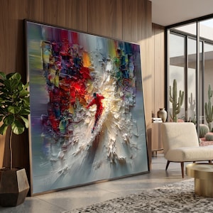 Dynamischer Skifahrer in Rot Abstrakte Leinwand Wandkunst, moderne Wintersport Malerei, Schnee und Bewegung Leinwand, Sportliche Dekoration