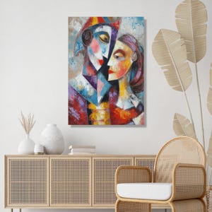 Abstract Lovers Embrace Canvas, Modern Cubism Wall Art, Colorful Faces Painting, Romantic Home Decoration, Contemporary Canvas Art image 6