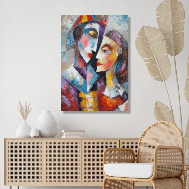 Abstract Lovers Embrace Canvas, Modern Cubism Wall Art, Colorful Faces Painting, Romantic Home Decoration, Contemporary Canvas Art image 6