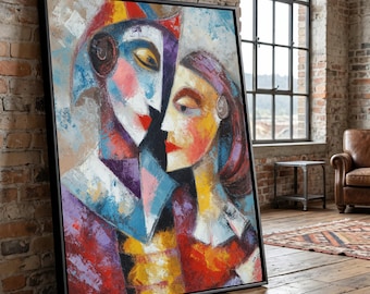 Abstract Lovers Embrace Canvas, Modern Cubism Wall Art, Colorful Faces Painting, Romantic Home Decoration, Contemporary Canvas Art