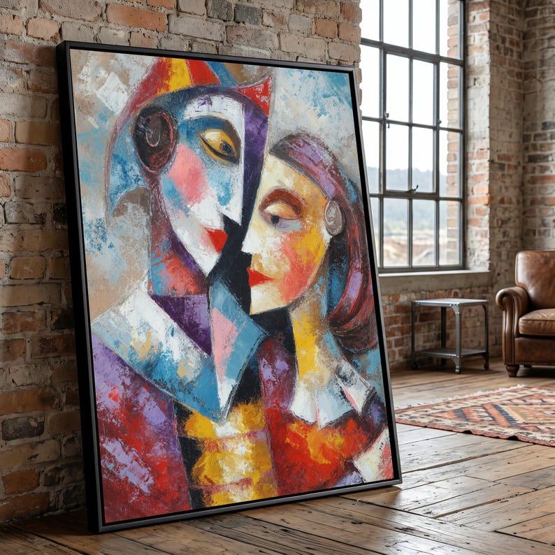 Abstract Lovers Embrace Canvas, Modern Cubism Wall Art, Colorful Faces Painting, Romantic Home Decoration, Contemporary Canvas Art image 1