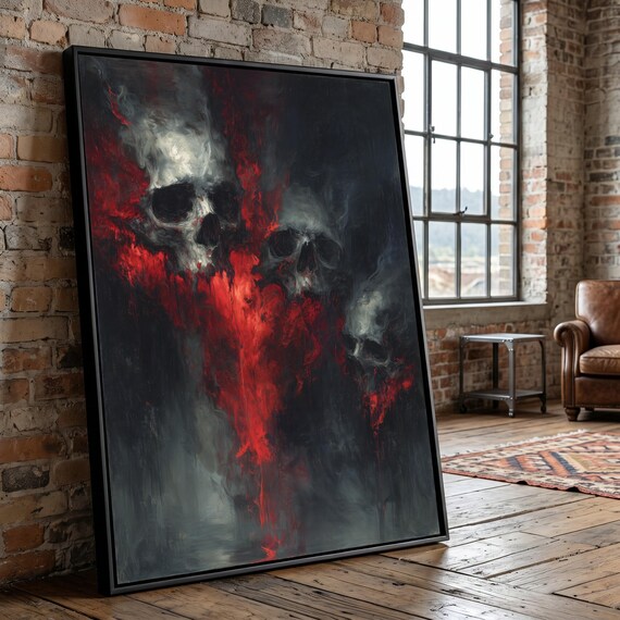 Dark Gothic Skulls Canvas Wall Art, Red and Black Abstract Horror