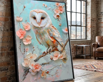 Elegant Barn Owl Canvas Wall Art, Floral Branch Design, Nature Animal Painting, Pastel Home Decor, Ready to Hang Canvas