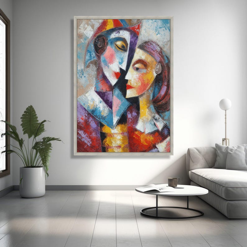 Abstract Lovers Embrace Canvas, Modern Cubism Wall Art, Colorful Faces Painting, Romantic Home Decoration, Contemporary Canvas Art image 4