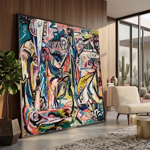 Abstract Expressionism Canvas Wall Art, Jackson Pollock Style, Bold Colorful Painting, Modern Art Canvas, Living Room Decoration