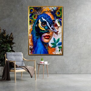 May include: A colorful abstract painting of a woman with a peacock's head covering her face. The woman's eyes are visible through the peacock's beak. The painting is done in a vibrant style with bold colors and brushstrokes.