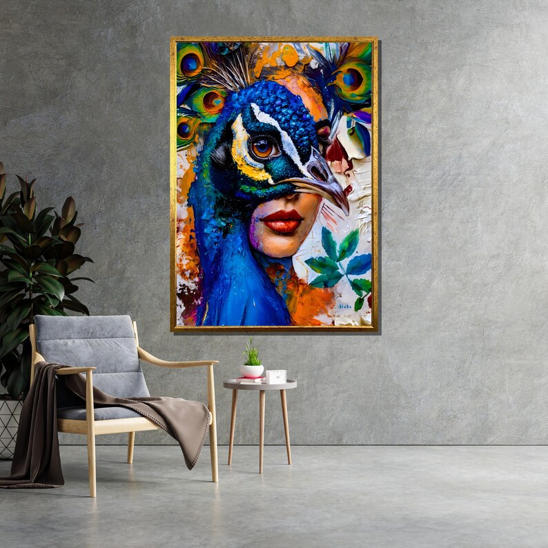 May include: A colorful abstract painting of a woman with a peacock's head covering her face. The woman's eyes are visible through the peacock's beak. The painting is done in a vibrant style with bold colors and brushstrokes.