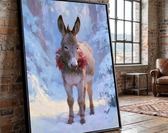 Winter Donkey Canvas Wall Art, Festive Holiday Animal Painting, Snowy Forest Scene, Rustic Seasonal Home Decor, Ready to Hang Artwork