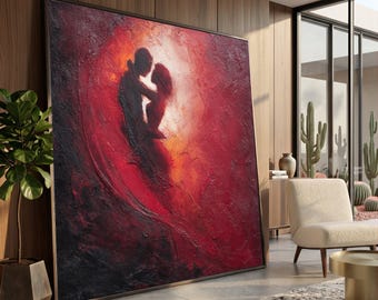 Romantisch stel omarmt canvas, abstracte rode liefdeskunst, muurdecoratie, gepassioneerde huisdecoratie, moderne relatieschilderij