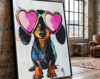 Colorful Dachshund Dog Canvas, Heart Sunglasses Wall Art, Modern Pet Portrait, Playful Animal Canvas, Fun Home Decoration