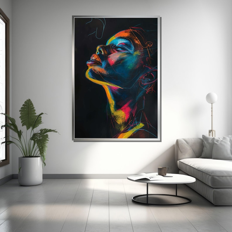 Puede incluir: Un retrato abstracto colorido de una persona con la cabeza echada hacia atr&aacute;s, pintado en colores brillantes como azul, amarillo, rosa y naranja sobre un fondo negro.