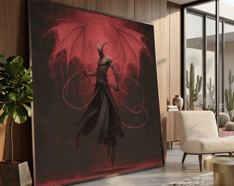 Dark Demon With Whip, Red Wings Canvas, Fantasy Wall Art, Gothic Creature Illustration, Mythical Beast Canvas, Bold Home Decoration