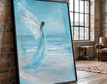 Serene Angel by the Sea Canvas, Spiritual Wings Wall Art, Blue Ocean Landscape, Ethereal Figure Painting, Tranquil Coastal Decor