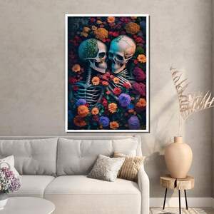 May include: Two skeletons embrace in a field of colorful flowers. The skeletons are surrounded by red, orange, yellow, purple, and blue flowers. The image has a dark, moody feel.
