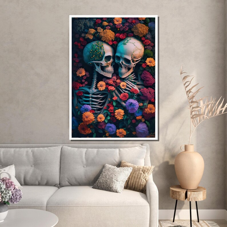 May include: Two skeletons embrace in a field of colorful flowers. The skeletons are surrounded by red, orange, yellow, purple, and blue flowers. The image has a dark, moody feel.