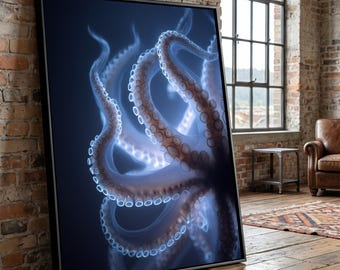 Illuminated Octopus Tentacles Canvas, Deep Sea Marine Life Art, Ocean Creature Wall Decor, Abstract Aquatic Canvas, Modern Underwater Design