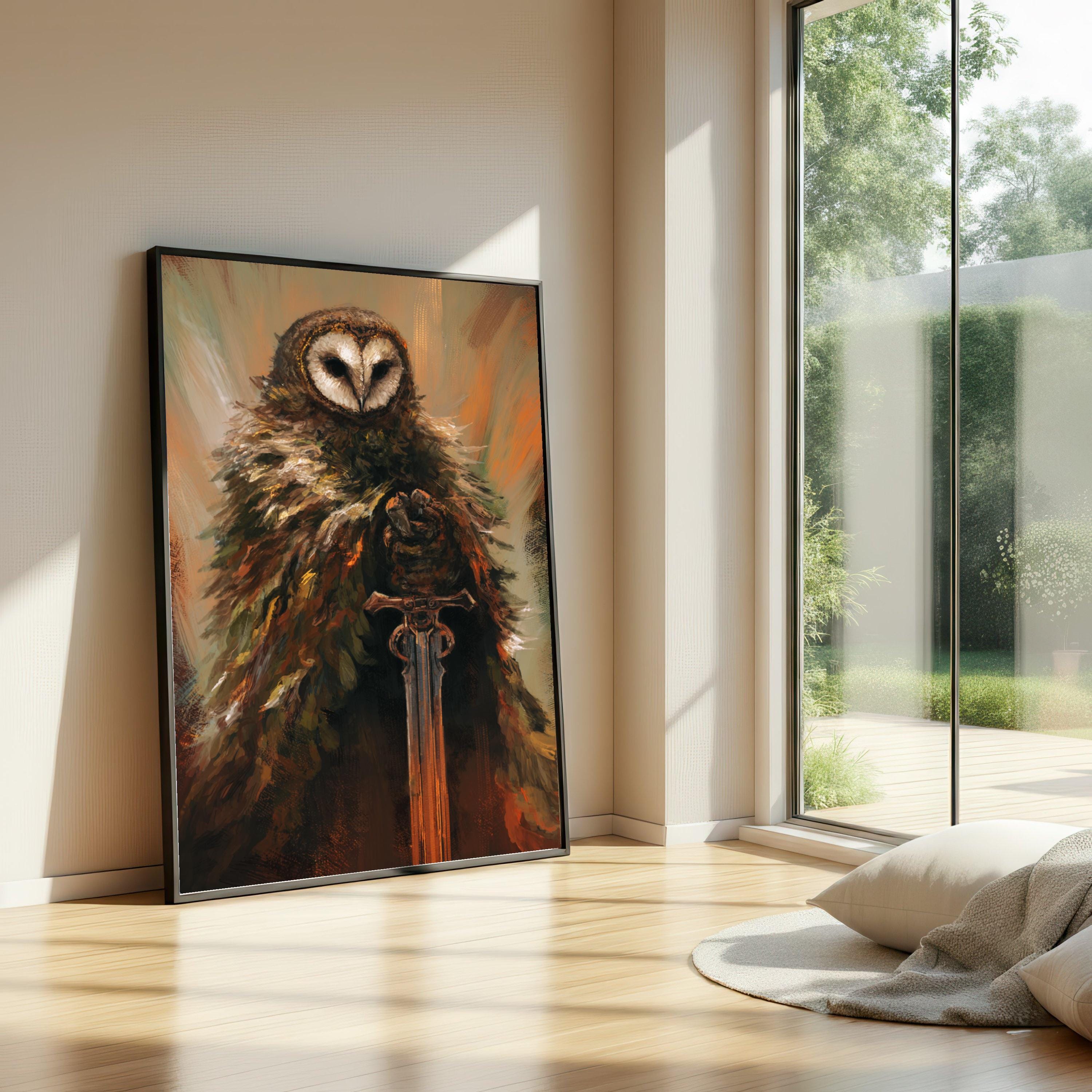 Majestic Owl Warrior Canvas, Fantasy Animal Art, Mythical Bird Painting, Medieval Sword Illustration