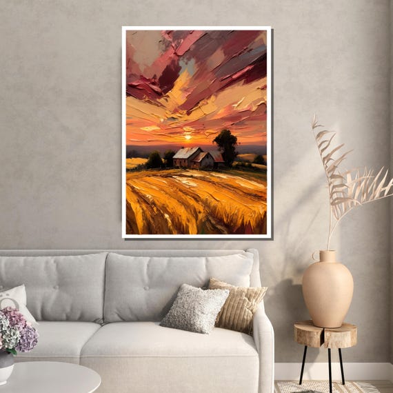 黄金の麦畑のキャンバスアート、素朴な農家の夕焼けの絵画、質感のある