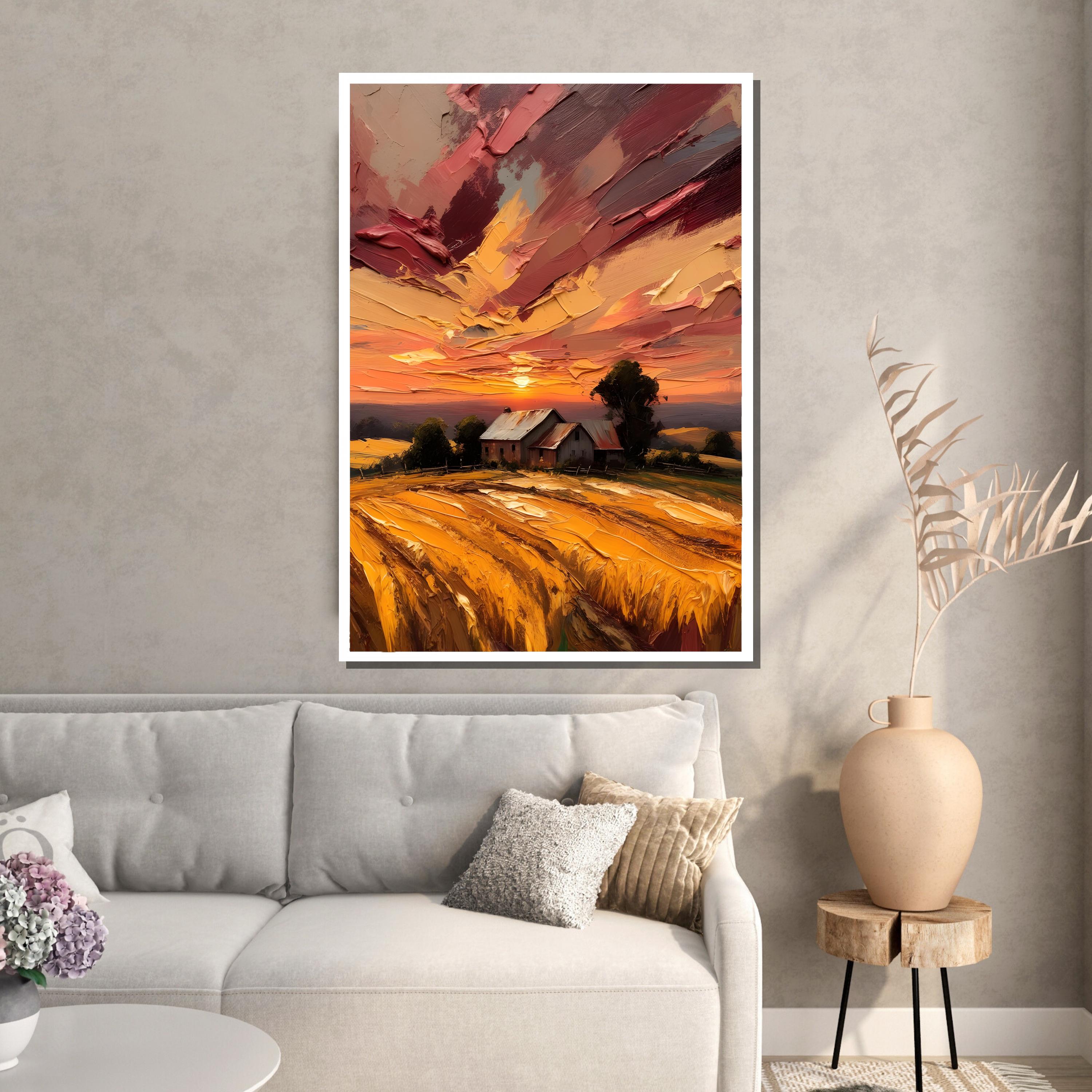 黄金の麦畑のキャンバスアート、素朴な農家の夕焼けの絵画、質感のある