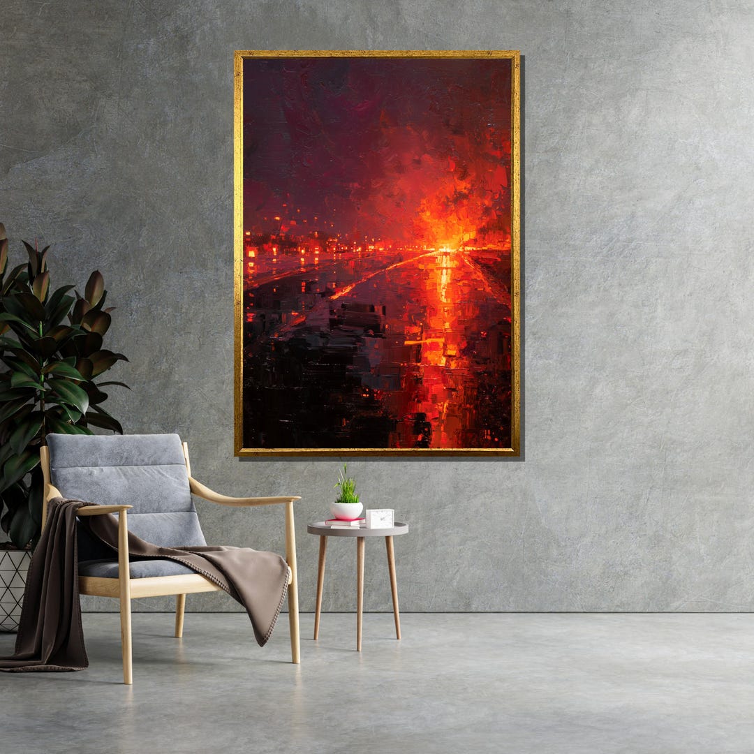 Fiery Sunset Highway Canvas, Abstract Cityscape Wall Art, Red and