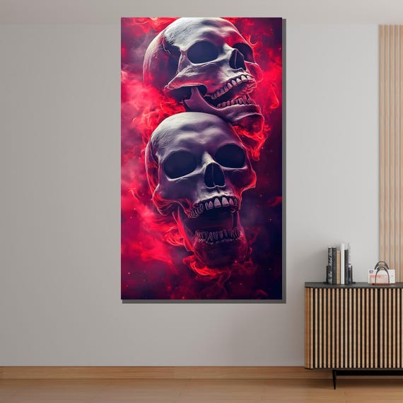 Twin Skulls Canvas Art, Dark Red Skull Painting, Gothic Horror