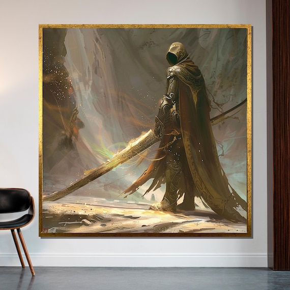 Mysterious Hooded Warrior Art, Dark Fantasy Knight Canvas, Epic