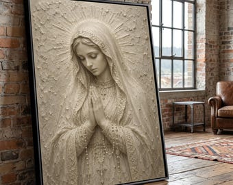 Serene Virgin Mary Prayer Canvas, Religious Wall Art, Spiritual Home Decoration, Christian Art Canvas, Devotional Figure Print