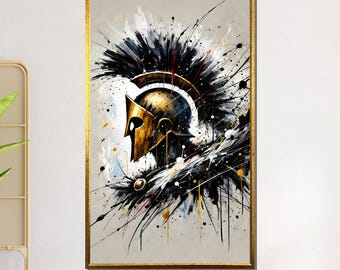 Canvas Spartaanse krijgerhelm, abstracte Spartaanse muurkunst, gladiatorhelm schilderij, moderne krijgerkunstdruk, gedurfd canvasontwerp