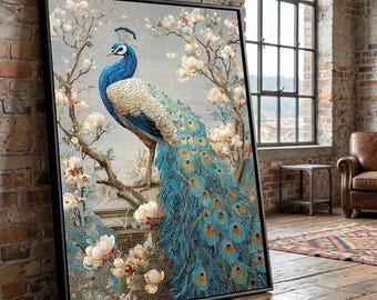 Elegant Blue Peacock Canvas Wall Art, Floral Branches Painting, Vintage Bird Decor, Nature Home Decoration, Ready to Hang Canvas