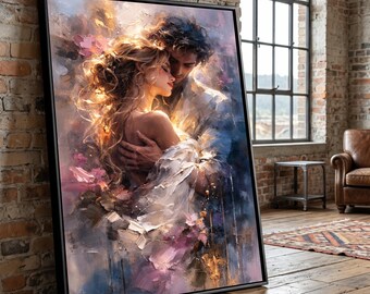 Romantic Embrace Painting, Couple Canvas Wall Art, Tender Love Portrait, Warm Light Impressionist Art, Intimate Home Decoration