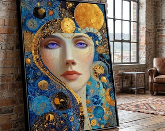 Mystical Woman Portrait Canvas, Blue Gold Abstract Art, Modern Decorative Face Wall Art, Contemporary Home Decor Canvas