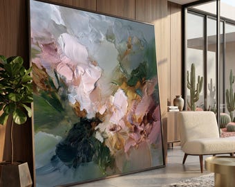 Abstract Floral Canvas, Impasto Oil Painting Wall Art, Soft Pastel Flower Decor, Modern Canvas Art for Living Room, Ready to Hang