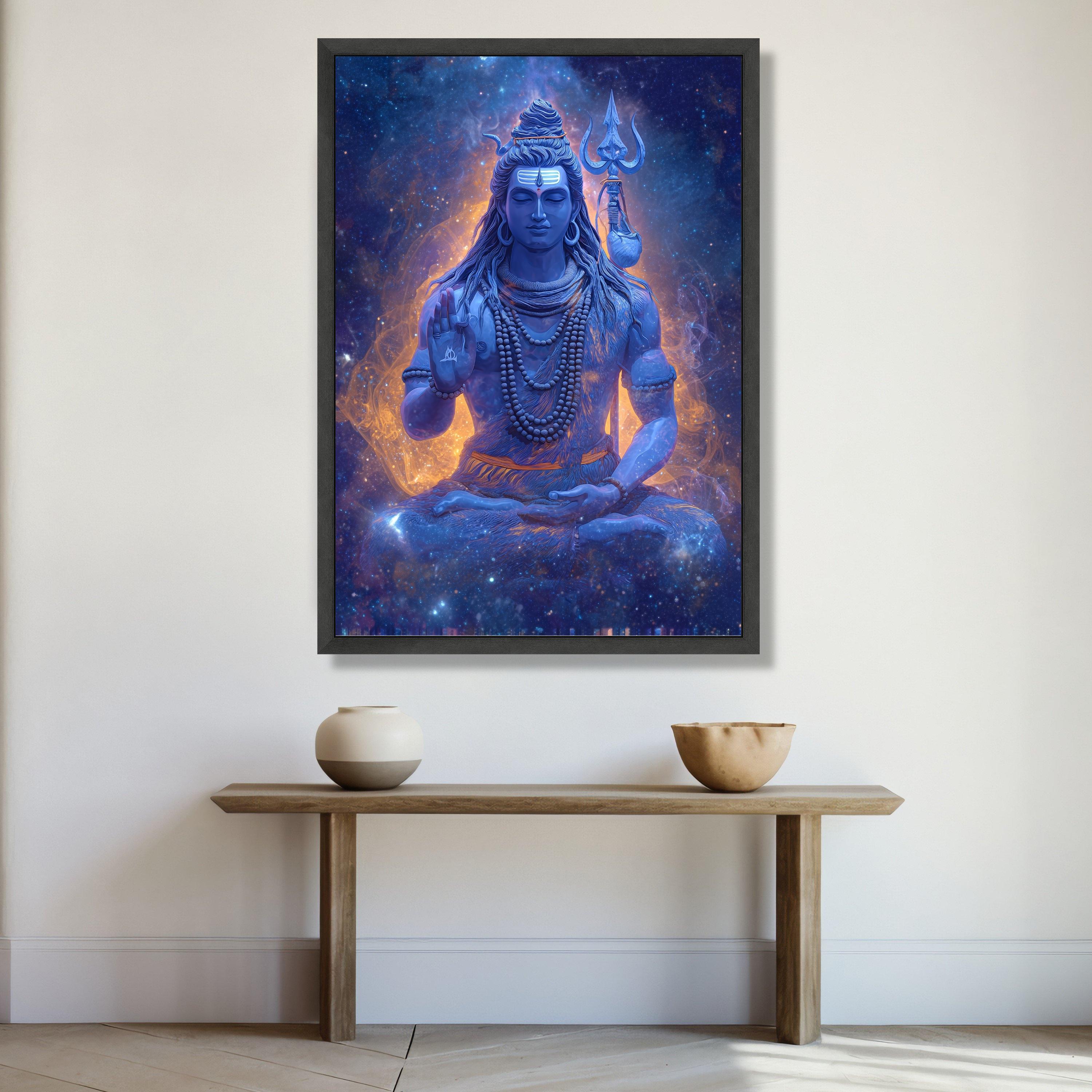 Meditative Lord Shiva Canvas Wall Art, Cosmic Hindu God Painting