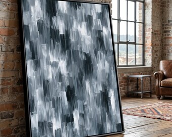 Monochrome Abstract Canvas Wall Art, Grey and White Modern Painting, Contemporary Home Decoration, Vertical Brush Strokes Canvas